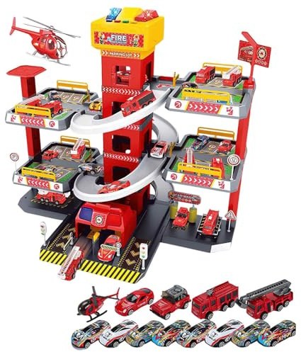 City Ultimate Garage Playset, Large Parking Garage Set with Electric Lift, Sound & Light, Includes 12 Alloy Toy Cars and 1airplane, Kids' play vehicle garages,Gift for 3 4 5 6 7 8 9 10 Boys (A)
