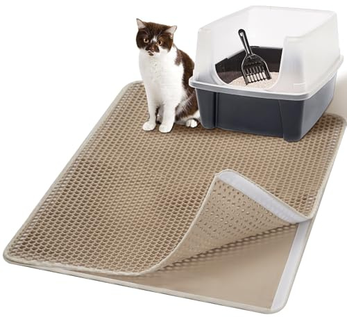 Casgee Katzenklo Matte 75x60CM, Katzenstreu Matte Doppelte Schichte, Katzenmatte Katzenklo mit Klettverschluss, wasserdichte Non-Slip Matte Katzentoilette, Waben EVA matte katzenklo unterleger, Beige