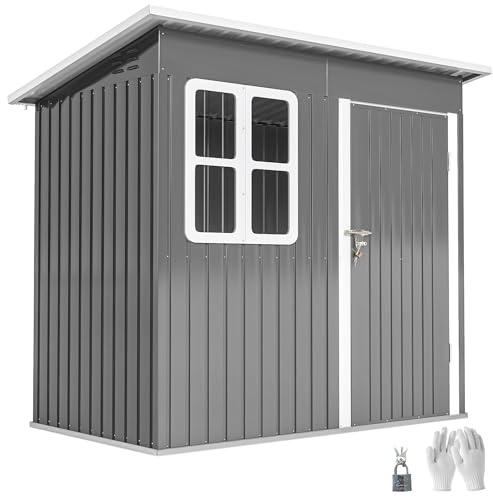Outsunny Gerätehaus 2,55m², Gartenhaus mit Pultdach, 221 x 133 x 190/173 cm, Geräteschuppen mit Abschließbar Tür, Fenster, Fahrradgarage, Gartenschrank aus Stahl, für Hinterhof, Garten, Dunkelgrau