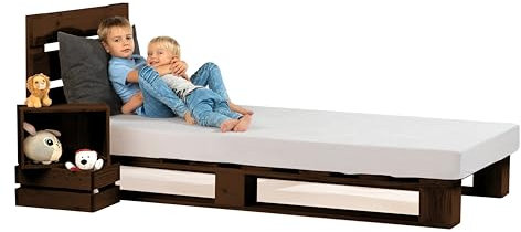 Lermowood Palettenbett M1 aus Holz 90 x 200 cm Palisander mit Kopfteil Holzbett 20cm Stabiles Seniorenbett Kinderbett Jugendbett Gästebett erhöhtes Einzelbett Bettgestell Futon Komforthöhe Naturholz