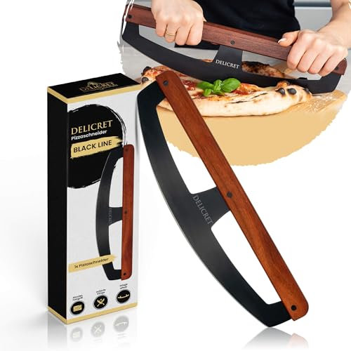 DELICRET Black Line- Pizza Wiegemesser | Pizzaschneider mit Akazienholtgriff & scharfer Edelstahlklinge