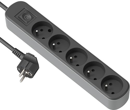 Electraline 32023 Bloc Multiprise Prima 5 Prises 16A avec Interrupteur, Câble H05VV-F Section 3G1.5mm² Longueur 3M, Noir/Gris
