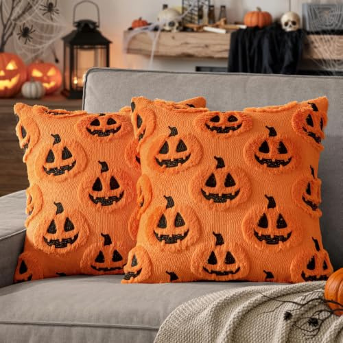 MIULEE Halloween Kissenbezug 45x45 2er Orange mit Geist Kürbis Deko | Geist Kürbismonster Laternen Motiven Zierkissenbezug für Halloween Deko Kissenbezüge für Sofa Thanksgiving Couchkissen