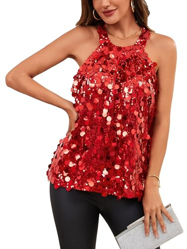 TRIWORKS Sparkly Red Top for Women UK Halter Strapless Strappy Ladies Party Sequin Top Evening Party Satin Ribbon Tie M