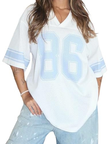 Women’s Y2k Oversized Number Graphic Shirts V Neck Short Sleeve Jersey Top Summer Going Out Tees Aesthetic Clothes (O-White, M)