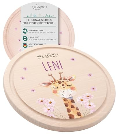 KIDSMOOD - Individuelles Frühstücksbrettchen Kinder Holz, Hier Krümelt Brettchen personalisiert mit Wunschnamen und Tier-Motiv, Als Taufgeschenk und Babygeschenk