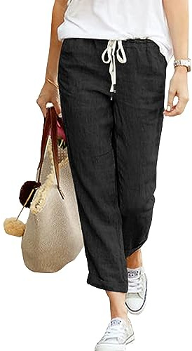 Cegerne Pantaloni Estivi in Lino da Donna 7/8 Pantaloni da Spiaggia Casual in Cotone Leggero, Nero-l, L