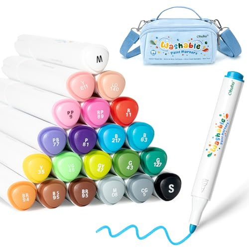 Ohuhu 24 Auswaschbare Acrylstifte für Kinder, Bullet Tip Malstifte für Stein, Glas, Holz & Leinwand, Wasserlöslich, Ultra Auswaschbare, Ungiftig & Hautverträglic