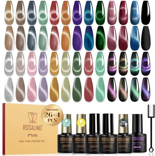 ROSALIND UV-nagellackset magnetiskt, 30 stycken kattögongel nagellack kattöga med magnet, blötlägg av mini nagelpolish brun röd violett blå grön kattöga UV-gel för nagelkonst manikyr