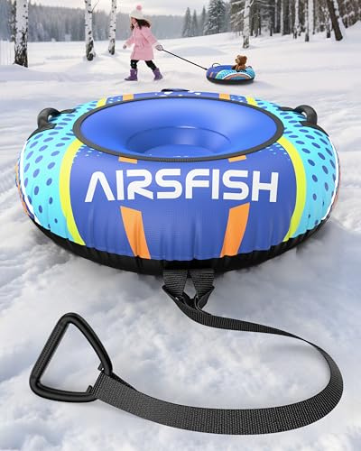 Airsfish Aufblasbare Schlitten Snow Tube, Heavy-Duty mit Premium-Canvas-Abdeckung und Nylon-Griffe, verdickten Boden Winter Rodelschlitten, für Erwachsene, Kinder, 47 Zoll
