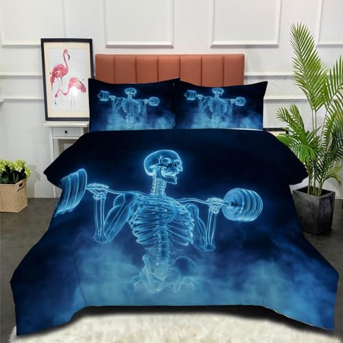 Edredón Relleno Nórdico 4 Estaciones Cama 180 230x260cm - Edredón Levantamiento De Pesas De Esqueleto Nórdico Estilo Gótico Suave Transpirable para Invierno, Primavera y Otoño, Azul