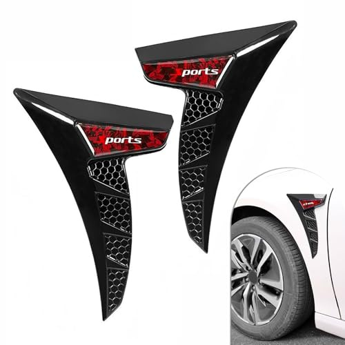 Arwrilt 2 PCS Car Fender Side Vents, TPU Shark Gill Side Air Flow Hole Grille with Sports Logo, Cool Personality Fender Vent Trim Covers, Self-Adhesive Spoiler Exterior Decorations for Cars (Red)