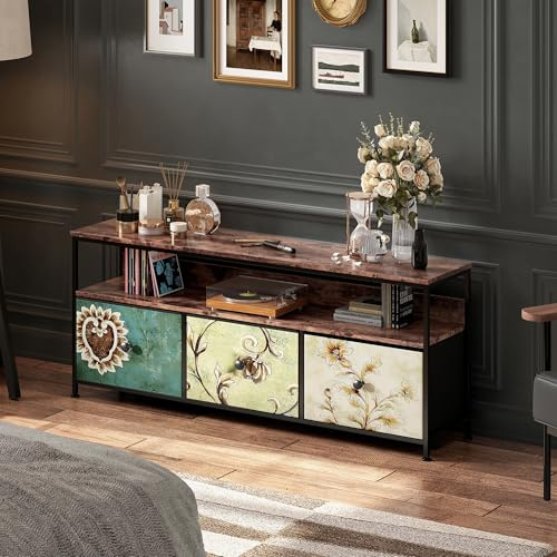 Meuble TV LED, Meuble TV avec 3 tiroirs Meuble Tele avec LED Tiroir en Tissu,Table de Télévision Salon avec Rangement et étagère,Banc TV Vintage pour Salon,Chambre,108x29.8x57 cm(3 tiroirs-b, 108 cm)