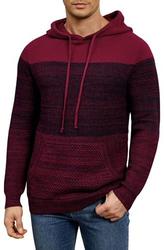Danfiki - Sudadera con capucha para hombre con diseño de bloques de color para invierno, suéter de manga larga a rayas, ajuste delgado, con cordón, sudadera de punto con bolsillo Kanga, rosso, XL