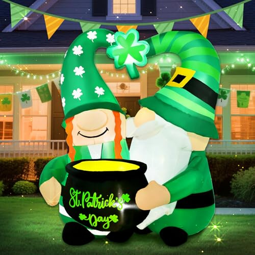 Halfjuly Decorazioni per esterni gonfiabili per il giorno di San Patrizio da 1,5 m, coppia di folletti gonfiabili con vaso d'oro, gnomi trifoglio con luci a LED per prato, cortile, giardino, feste