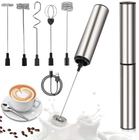 BIZOI Mousseur à lait électrique rechargeable par USB, Mousseur à Lait Électrique avec 5 Types de Têtes Mélange, 2 Types de Vitesse, Fouet Portable pour Café, Latte, Matcha, Chocolat Chaud, Crème
