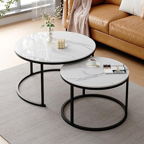 ZL ZELing Runder Nesting Couchtisch, weißer moderner dekorativer Couchtisch im 2er-Set, runder gesinterter Stein，Beistelltisch (60/40 cm) für Wohnzimmer mit stabilem Metallrahmen