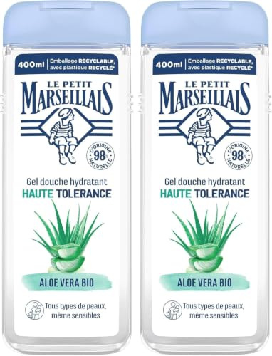 Le Petit Marseillais, Gel Douche Hydratant Haute Tolérance Aloe Vera Bio (flacon de 400 ml) – 98% d'ingrédients d'origine naturelle – Pour tous types de peaux, même sensibles (Lot de 2)