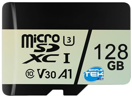 SIMPLETEK - Tarjeta Micro SDHC 128GB UHS-I V30 - Clase 10, Memoria de Alta Velocidad Optimizada para Grabación de Video Full HD
