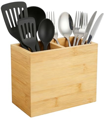 Shuqio Küchenutensilienhalter aus Bambus, 2 Fächer Besteckkorb & Besteck Organizer, Utensilienhalter für die Arbeitsplatte, Stabiler Küchenorganizer zur Aufbewahrung von Kochlöffeln & Besteck