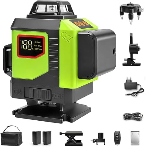 Nivel Láser 4D 16 Líneas, 4×360° Autonivelante con Pantalla Digital de Batería, Láser Verde con Modo Pulso y Control Remoto, Verde