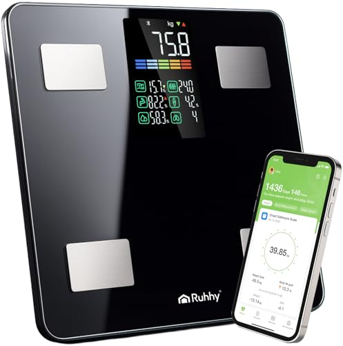 Bilancia del grasso corporeo 226 kg Bilancia elettronica intelligente con analisi BIA, BMI e 13 valori corporei App Feelfit, display LCD, precisione 50 g Multiutente RUHHY (Nero)