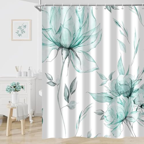 Hnmdmyi Duschvorhang Aquarell Blumen 240x180, Türkis Boho Blumen Blätter Moderne Minimalistische Ästhetische Kunst Badewanne Vorhang Wasserdicht Polyester Stoff Waschbar Badevorhang mit Haken