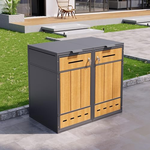 Httcg Mülltonnenbox 2er mit Türfüllung in Holzoptik 120-240 L, Mülltonnenboxen Mülltonnenverkleidung mit 2 Türen und Lüftungsöffnung, Abschließbar Gartenmöbel Müllcontainer, Grau+Holzfarbe