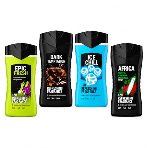 A-X-E Pack Gel Ducha hombre (4 x 250 ml) 3en1 Fragancias variadas. Epic Fresh, Ice Chill, Africa y Dark Templation