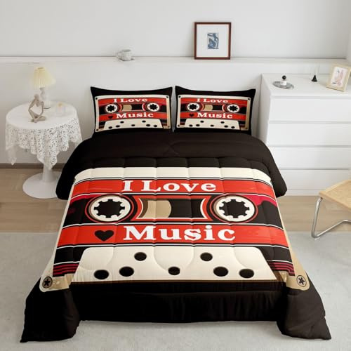 Feelyou Cassette Tape Comforter Set Toddler Size Retro Music Bedding Set for Kids Boys Girls 80s Style Duvet Quilt Tape Reel Bedroom Decor 2 Pcs with 1 Pillow Cases