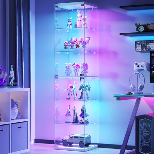 FREDEES Display Cabinet with RGB Lights and Glass Door, 6-Tier, White | with Lockable Door, Adjustable Shelf, Human Sensor Design, Ample Storage Space, For Living Room, For Collectibles