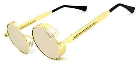 RONSOU Steampunk stil rund vintage polariserade solglasögon retro glasögon UV400 skydd metallram, A9 guld ram/rosa lins, En Storlek