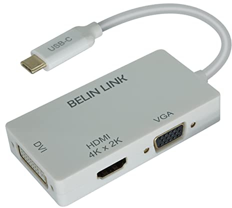 BELIN LINK USB C to HDMI DVI VGA Adapter, 3 in 1 USB-C to 4K HDMI, VGA, DVI Video Adapter, Multi-Display Video Converter Monitors Connector for Mac Pro, MacBook Air, iPad Pro, XPS, etc (C0301W)