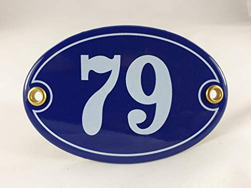 Emaille Hausnummer Schild Nr. 79, oval, Blau-Weiß Handarbeit