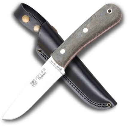 Joker Jagdmesser Montañero CV134, Canvas-Micarta-Griff, 11 cm Klinge Sandvik 14C28N, schwarze Lederscheide, Angel-, Jagd-, Camping- und Trekkingwerkzeug