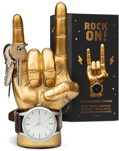 Luckies Of London | Rock On Hand | Rock Music Gifts For Men | Mens Bedroom Accessories | Mini Headphone Stand & Jewellery Holder | Gold Ornaments For Desk Tidy | Music Home Decor | Key Holder Stand