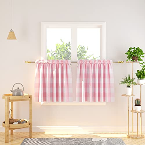 Natus Weaver Cafe Curtains 24 inches Long Buffalo Plaid Kitchen Tiers 2 Panels Rod Pocket Gingham Check Short Small Half Window Curtains Bathroom Pink & White
