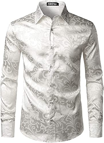 PARKLEES Camicia da uomo in jacquard di lusso a maniche lunghe Slim Fit Satin Slik come camicie stampa floreale per feste di nozze Prom, Bianco avorio , M