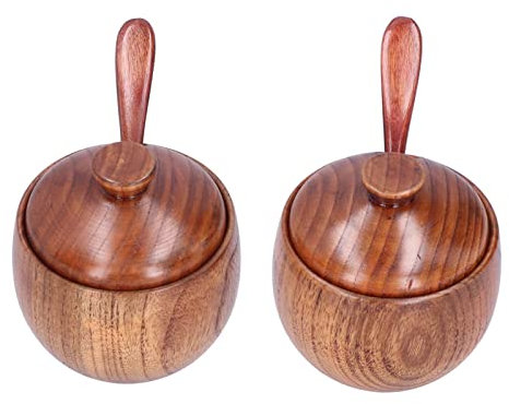 2 pièces boîte à sel en bois, pot à épices Jujube bois sel poivre assaisonnement bol petit sucrier avec couvercle et cuillère pour cuisine