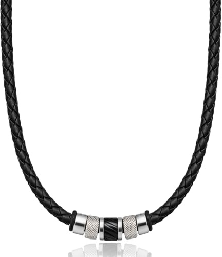 David Galvani ® | Handgjord läderkedja för män med pärlhänge i rostfritt stål silver | halsband för män | rostfritt stål | kula | läderkedja | flätat läder | present för män, Läder Rostfritt stål