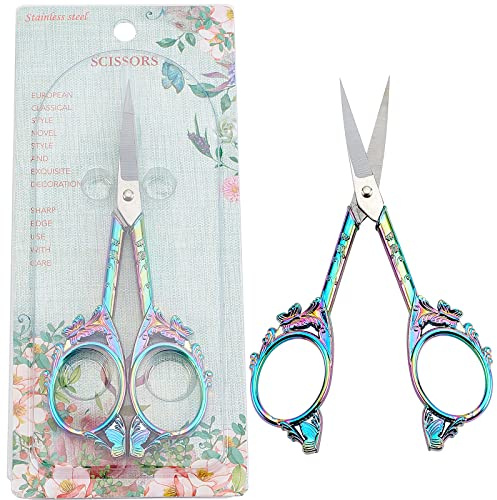 SUNNYCLUE 1Set 4.7-Zoll-Edelstahl-Nähschere Mit Schmetterlingsmuster, Vintage-Stil, Spitze Spitze, Stickschere Zum Nähen, Häkeln, Kreuzstich, Strickschere, Regenbogenfarben Bedrucktes Paket