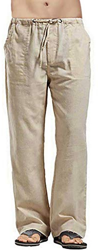 Lanckeli Lino Pantaloni Uomo - Estivi Leggeri Casual a Tinta Unita, da Yoga da Spiaggia Multitasche con Coulisse