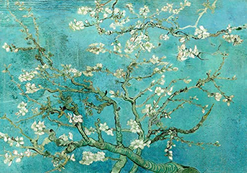 decomonkey Fototapete selbstklebend Natur Abstrakt 343x256 cm XXL Selbstklebende Tapeten Wand Fototapeten Tapete Wandtapete klebend Klebefolie Deko Modern Blumen Mandel Baum Beton Optik Blau