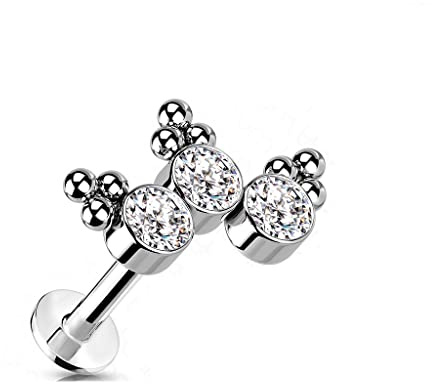 Paula & Fritz® Push-In Labret Piercing Krone Zirkonia Klar Titan-IUM Grade 23 Kugel Piercing Set Mehrfarbig 6-mm Stab-Länge Madonna Medusa Monroe