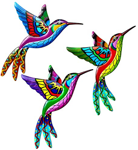 SUNNEKO Large Metal Hummingbird Garden Ornaments Outdoor, Metal Wall Art Big Hummingbird Decorations for Outside Garden Shed Fences Yard Decorations Wall Hanging (3 PCS)