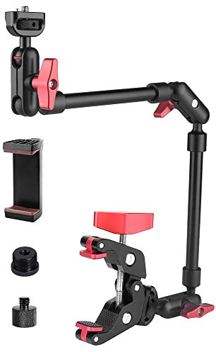22 Magic Arm w Clamp Camera Mount, Overhead Phone Mount w Dual Ball Head Articulating Mic Boom Arm, 3/8 5/8 Screw Adapters, Adjustable Camera Desk Mount Stand for Webcam Tripod Light Video Rig