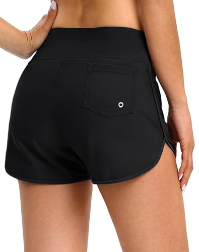 Blouty Women's Swim Board Shorts with Pockets High Waisted Tummy Control Swimsuit Bathing Shorts for Women with Liner (Black, Medium)