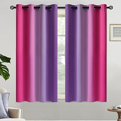 Yakamok Pink and Purple Blackout Curtains, Ombre Full Room Darkening Window Curtains for Living Room,Grommet Thermal Insulated Drapes,Light Blocking Curtains for Girls Bedroom,52x54 Inch, 2 Panels