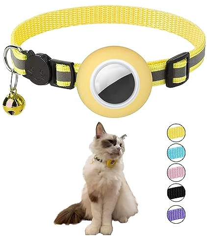 Hepplly Reflektierende Airtag Katzenhalsband mit Glocke und Airtag Halter, kompatibel mit Airtag, Katzenhalsband mit zerbrechlicher Sicherheitsschnalle für Kätzchen, Katze（Gelb）