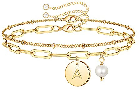 TINGN Gold Armband mit Buchstaben für Damen - Zierliche Schichtung Armband mit Büroklammer Gliederkette - Schmuck mit Buchstabe A